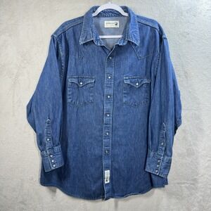 VTG Genuine Roebucks Shirt Mens XXL Denim Pearl Snap Flap Pocket Western Sears